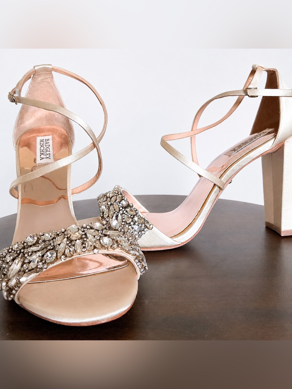 Badgley Mischka Embellished Metallic Block Heel Rose Gold Sandals